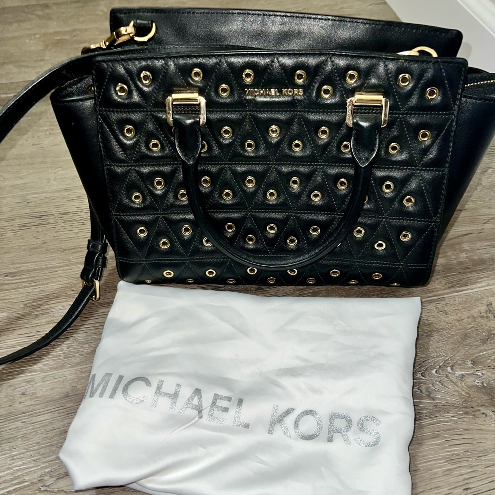 Micheal Kors Selma Bag Satchel Black/Gold Grommet Quilted Leather Medium